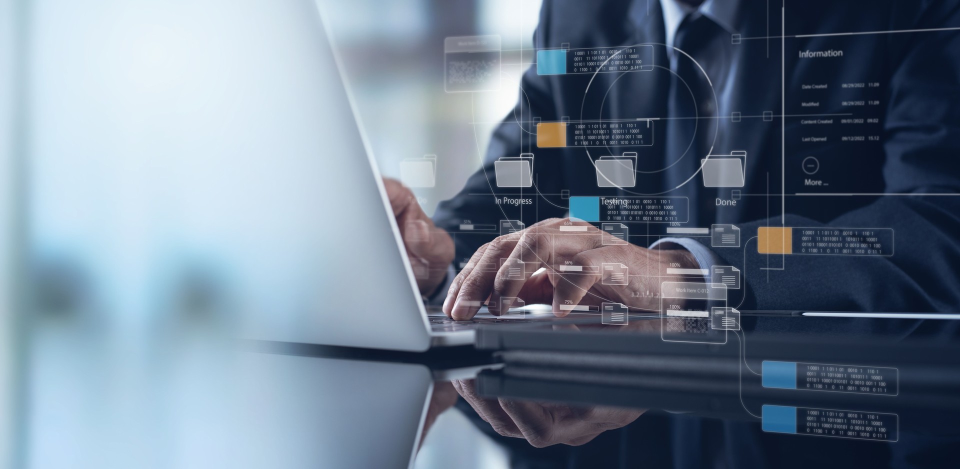 Document management system DMS, Enterprise content management, Businessman working on laptop computer with digital document, managing files data, paperless workflow, data search, cloud technology